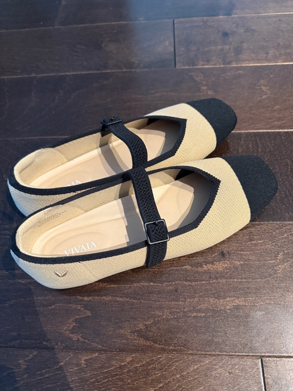 VIVAIA Women's Beige and Black Mary Jane Flats with Cap Toe